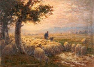 Abendlandschaft Mit Schafherde, Hirte Und Hund by Charles H. Clair