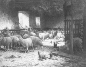 Sheep And Chickens In A Stable by Charles H. Clair