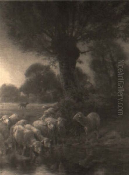 Pastoral Scene With Sheep Watering, Shepherd And Collie Looking On - view 1