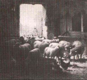 Farmer Herding Flock Into Stable by Charles H. Clair