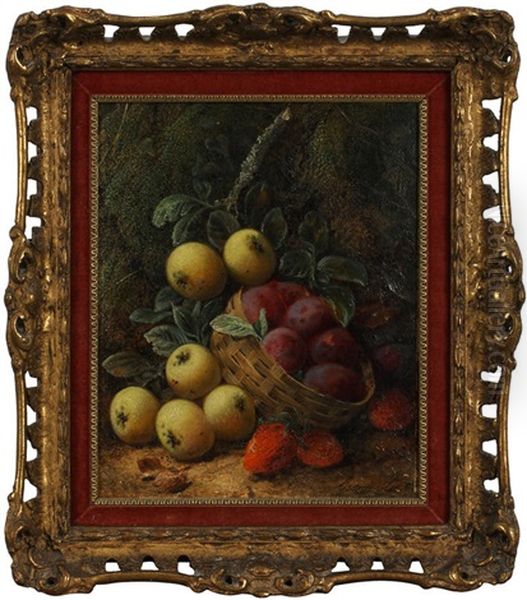 Plums In A Basket, Apples And Strawberries Against A Mossy Bank - view 1