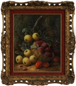 Plums In A Basket, Apples And Strawberries Against A Mossy Bank