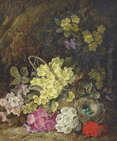 Primroses, Forget-me-nots, Geraniums, A Wicker Basket And Eggs In A Nest On A Sandy Bank - view 1