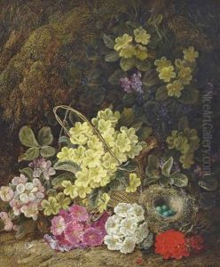 Primroses, Forget-me-nots, Geraniums, A Wicker Basket And Eggs In A Nest On A Sandy Bank