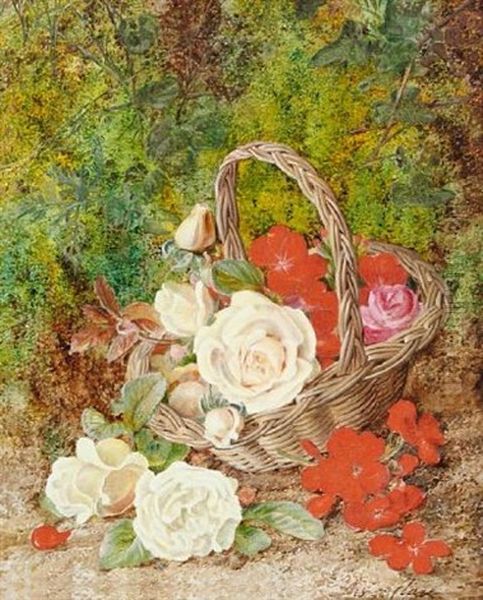 Still Life Of Roses, Geraniums And A Wicker Basket On A Mossy Bank - view 1