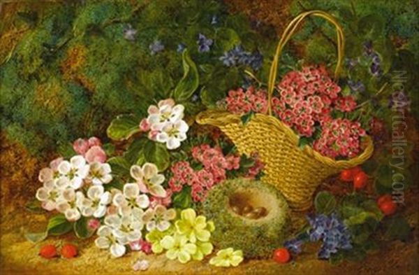 Flowers In A Basket And Eggs In A Nest On A Mossy Bank - view 1
