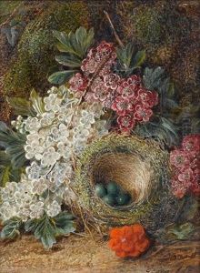 Fruit On A Mossy Bank (+ Flowers And A Bird's Nest On A Mossy Bank; Pair) by George Clare