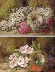 May Blossom, Berries And A Bird's Nest With Eggs, On A Mossy Bank (+ Apple Blossom And A Bird's Nest With Eggs, On A Mossy Bank; Pair)