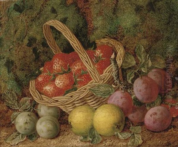 Apples, Plums And Strawberries On A Mossy Bank - view 1