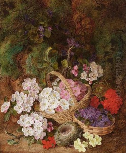 Geraniums, Primulas, Violets, Blossom And Bird's Nest On A Mossy Bank - view 1
