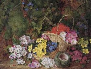Flowers In Baskets And A Bird's Nest With Eggs On A Mossy Bank by George Clare