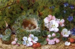 Apple Blossom, Berries And A Bird's Nest With Eggs On A Mossy Bank (+ Grapes, Raspberries And Greengages On A Mossy Bank; Pair)