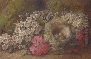May Blossom, Berries And A Bird's Nest With Eggs On A Mossy Bank by George Clare