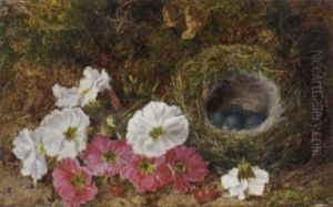 Pink And White Pansies And A Bird's Nest With Eggs On A Mossy Bank by George Clare