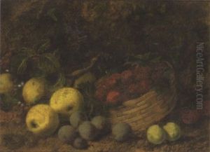 Still Life Of Apple, Plums And Strawberries In A Basket by George Clare