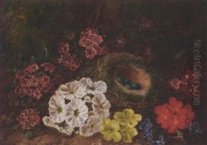 Spring Flowers And A Birds Nest On A Mossy Bank