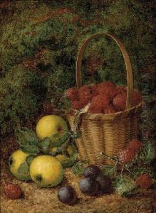 Apples, Plums And Raspberries In A Wicker Basket, On A Mossy Bank by George Clare