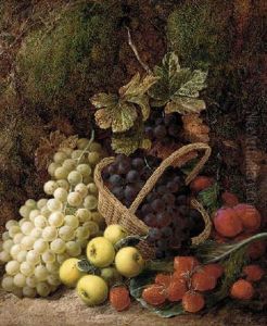 Strawberries, Apples, Plums And Grapes In A Wicker Basket, On A Mossy Bank by George Clare