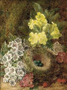 May Blossom, Primulas, Berries And A Bird's Nest With Eggs, On A Mossy Bank by George Clare