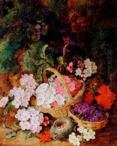 Baskets Of Primroses And A Bird's Nest On A Mossy Bank by George Clare