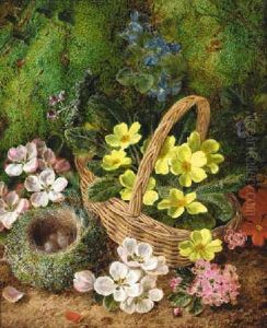 Primroses, Primulas, And Apple Blossom With A Bird's Nest With Eggs And A Wicker Basket, On A Mossy Bank by George Clare