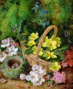 Primroses, Primulas And Apple Blossom With A Bird's Nest With Eggs And A Wicker Basket, On A Mossy Bank by George Clare