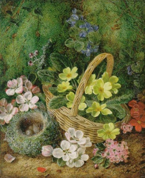 Primroses, Apple Blossom And A Bird's Nest On A Mossy Bank - view 1