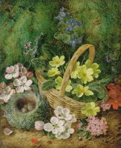 Primroses, Apple Blossom And A Bird's Nest On A Mossy Bank by George Clare