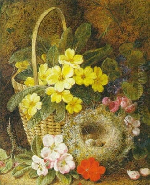 Still Life With Primroses In A Basket And Bird's Nest by George Clare