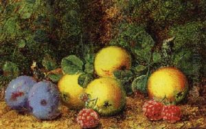 Apples, Plums, And Raspberry On A Mossy Bank by George Clare