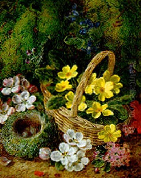 Primroses, Apple Blossoms With A Bird's Nest On A Mossy Bank - view 1