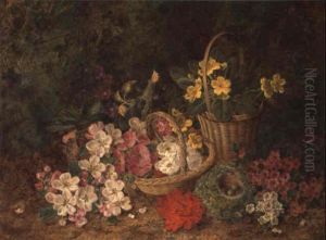 A Still Life Of Violets, Apple Blossom, Geraniums, Bird's Nest, Primroses, Etc. by George Clare