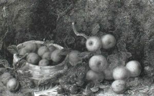 Apples, Strawberries And Plums In A Woven Rush Basket