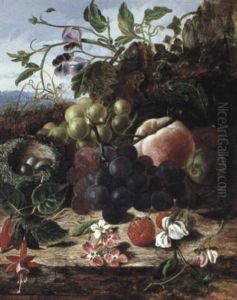Still Life With Grapes, A Peach, Plums, Strawberries,       Fuchias, Sweet Peas And A Bird's Nest
