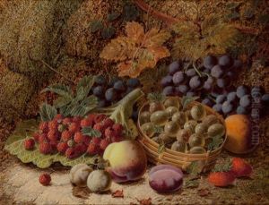 Still Life With Gooseberries In A Basket; Still Life With Fruit On Mossy Bank (two Works) by Oliver Clare