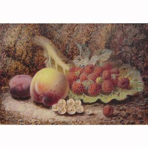 Still Life With A Peach, Plum, Raspberries And Gooseberries On A Mossy Bank by Oliver Clare