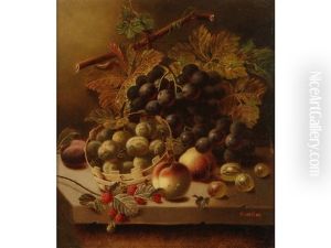 A Still Life Study Of Grapes, Peaches, Plums, Raspberries And Gooseberries, On A Tabletop by Oliver Clare