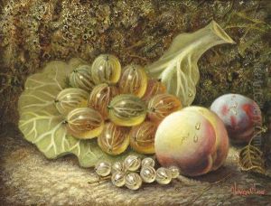 A Peach, Plums, White Currants And A Strawberry On A Mossy Bank (+ Gooseberries, A Peach, A Plum And White Currants On A Mossy Bank; 2 Works)