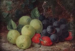 Still Life Of Plums, Strawberries And Apples by Oliver Clare
