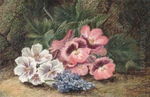 Raspberries And A Plum And Flowers On A Mossy Bank (pair) by Oliver Clare