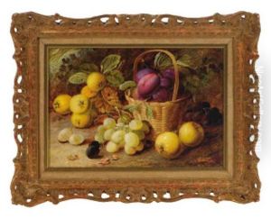 Still Life Of Raspberries, Plums And Peaches On A Table by Oliver Clare