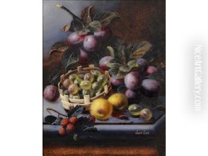 Still Life Of Plums, Gooseberries And Raspberries On A Ledge