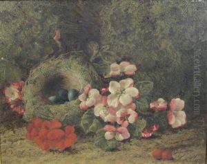 A Still Life Of A Bird's Nest And Flowers On A Bank by Oliver Clare