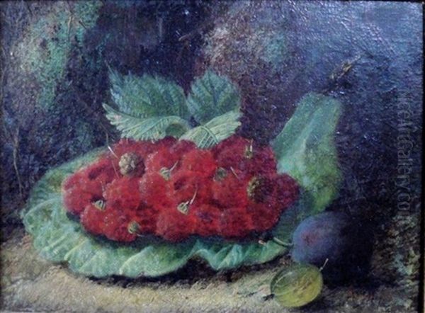 Still Life With Raspberries, A Gooseberry And A Plum On A Mossy Bank - view 1