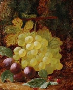 Still Life Of Grapes And Plums On A Mossy Bank by Oliver Clare