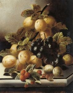 Greengages, Grapes And Raspberries On A Stone Ledge (+ Plums, Gooseberries And A Peach On A Stone Ledge; Pair)