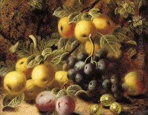 Plums, Grapes And Gooseberries On A Mossy Bank (+ Flowers And A Bird's Nest On A Mossy Bank; Pair)