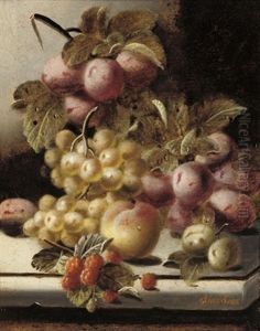 Plums, Grapes, A Peach And Raspberries On A Stone Ledge (+ Another; Pair) by Oliver Clare