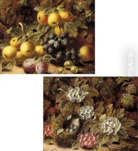 Plums, Grapes And Gooseberries On A Mossy Bank (+ Flowers And A Bird's Nest On A Mossy Bank; Pair)