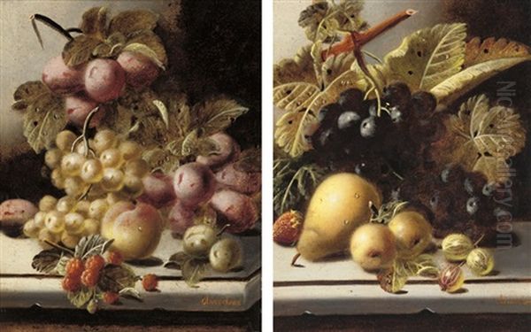 Plums, Grapes, A Peach And Raspberries (+ Grapes, Greengages, Strawberry, Pear And Gooseberries; Pair) - view 1